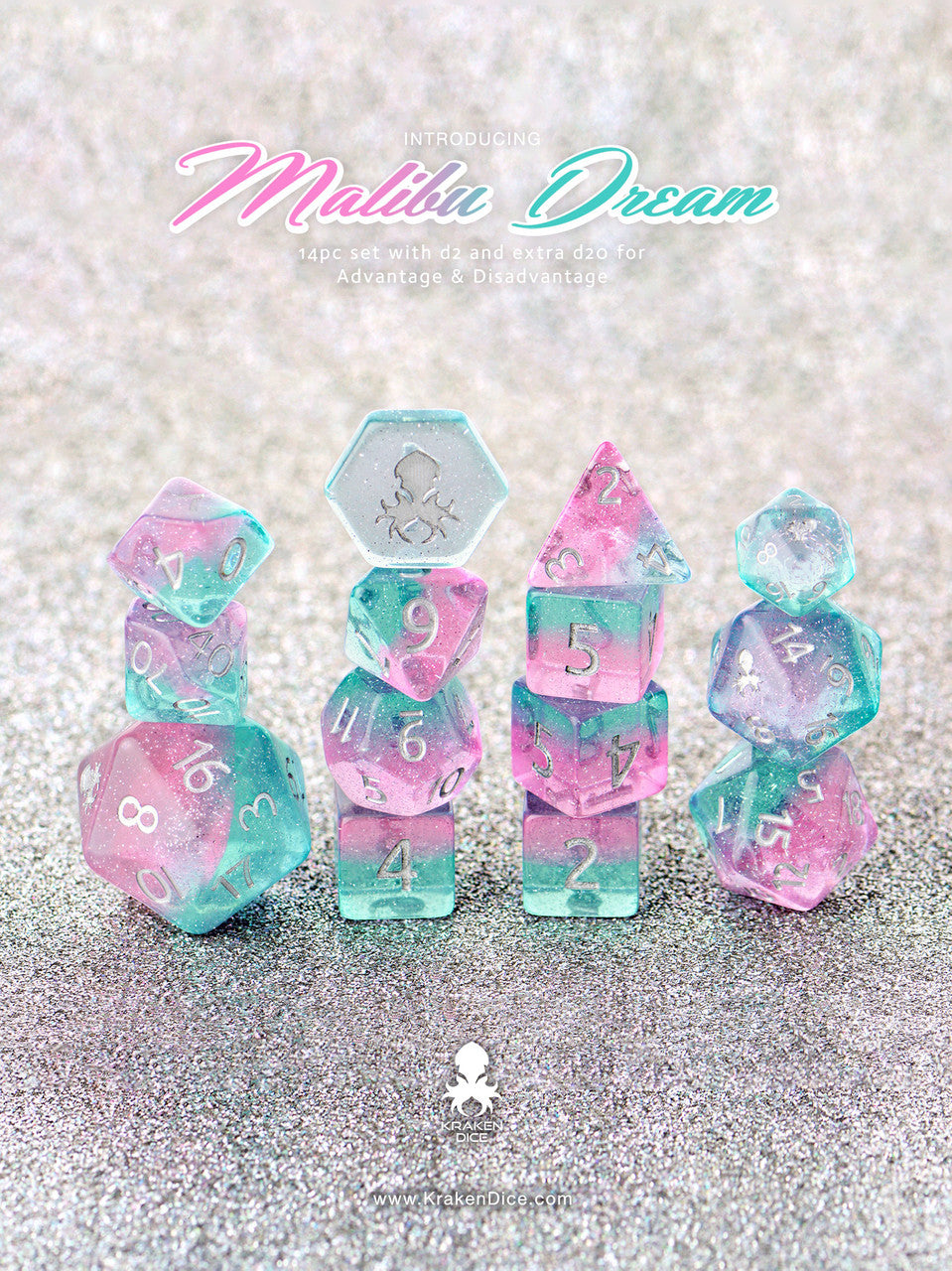 Malibu Dreams 14pc Dice Set Inked in Silver
